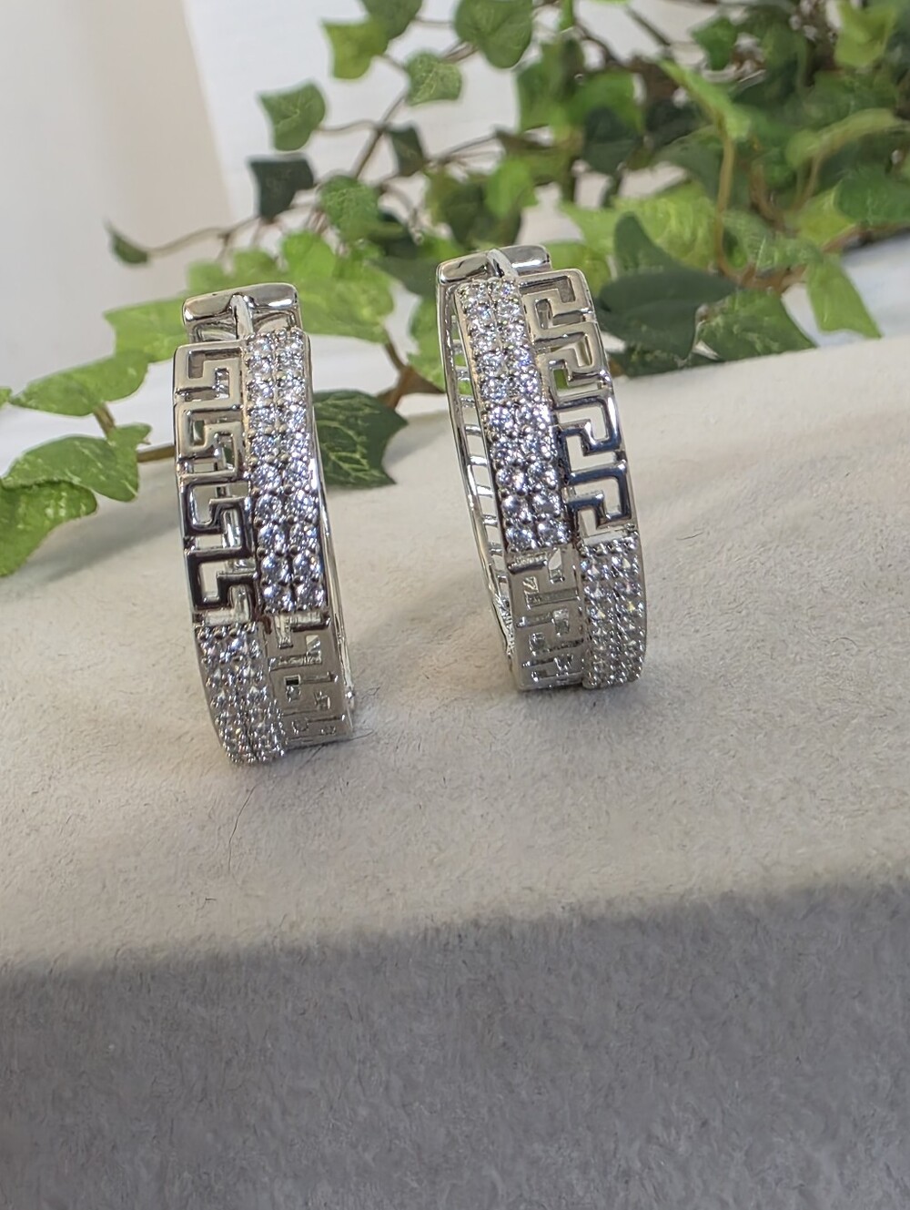 White Gold Filled Greek Key CZ Wide Hoop Earrings Statement Hinged